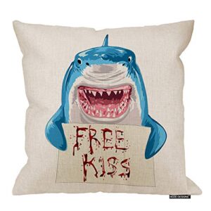 hgod designs shark pillow case,funny animal blue shark holding bloody free kiss sign cotton linen polyester decorative home decor sofa couch desk chair bedroom 16x16inch