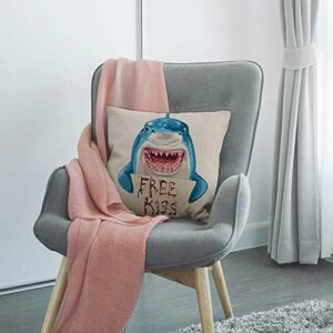 HGOD DESIGNS Shark Pillow Case,Funny Animal Blue Shark Holding Bloody Free Kiss Sign Cotton Linen Polyester Decorative Home Decor Sofa Couch Desk Chair Bedroom 16x16inch