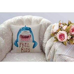 HGOD DESIGNS Shark Pillow Case,Funny Animal Blue Shark Holding Bloody Free Kiss Sign Cotton Linen Polyester Decorative Home Decor Sofa Couch Desk Chair Bedroom 16x16inch