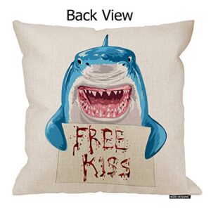 HGOD DESIGNS Shark Pillow Case,Funny Animal Blue Shark Holding Bloody Free Kiss Sign Cotton Linen Polyester Decorative Home Decor Sofa Couch Desk Chair Bedroom 16x16inch