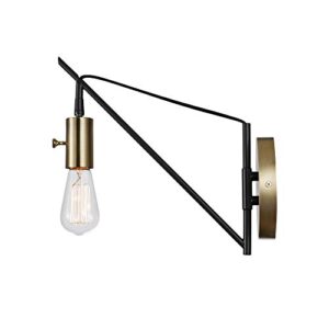 Globe Electric 51343 1-Light Plug-in or Hardwire Wall Sconce, Bronze Finish, Brass Accents, 6ft Black Woven Fabric Cord, Flat Plug, Socket Rotary On/Off Switch