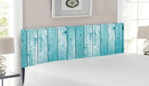 lunarable turquoise headboard, aged wooden planks texture image vertically striped surface floor rustic design, upholstered decorative metal bed headboard with memory foam, queen size, turquoise