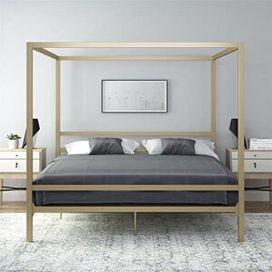 dhp modern metal canopy platform bed with minimalist headboard and four poster design, underbed storage space, no box spring needed, king, gold