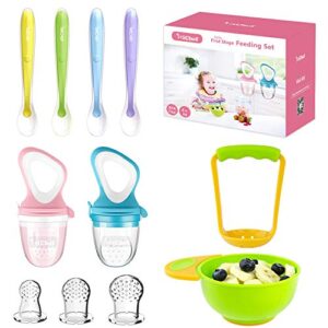 food feeder baby fresh fruit feeder (2 pack) with 3 different sized silicone pacifiers, mash and serve bowl with 4 soft-tip silicone baby spoons, perfect baby first stage feeding set by michef