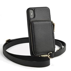 iphone xs max wallet case, zve iphone xs max case with credit card holder slot crossbody strap handbag purse wrist zipper strap case cover for apple iphone xs max 6.5 inch - black