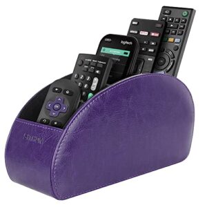 sithon remote control holder with 5 compartments - pu leather remote caddy desktop organizer store tv, dvd, blu-ray, media player, heater controllers, purple
