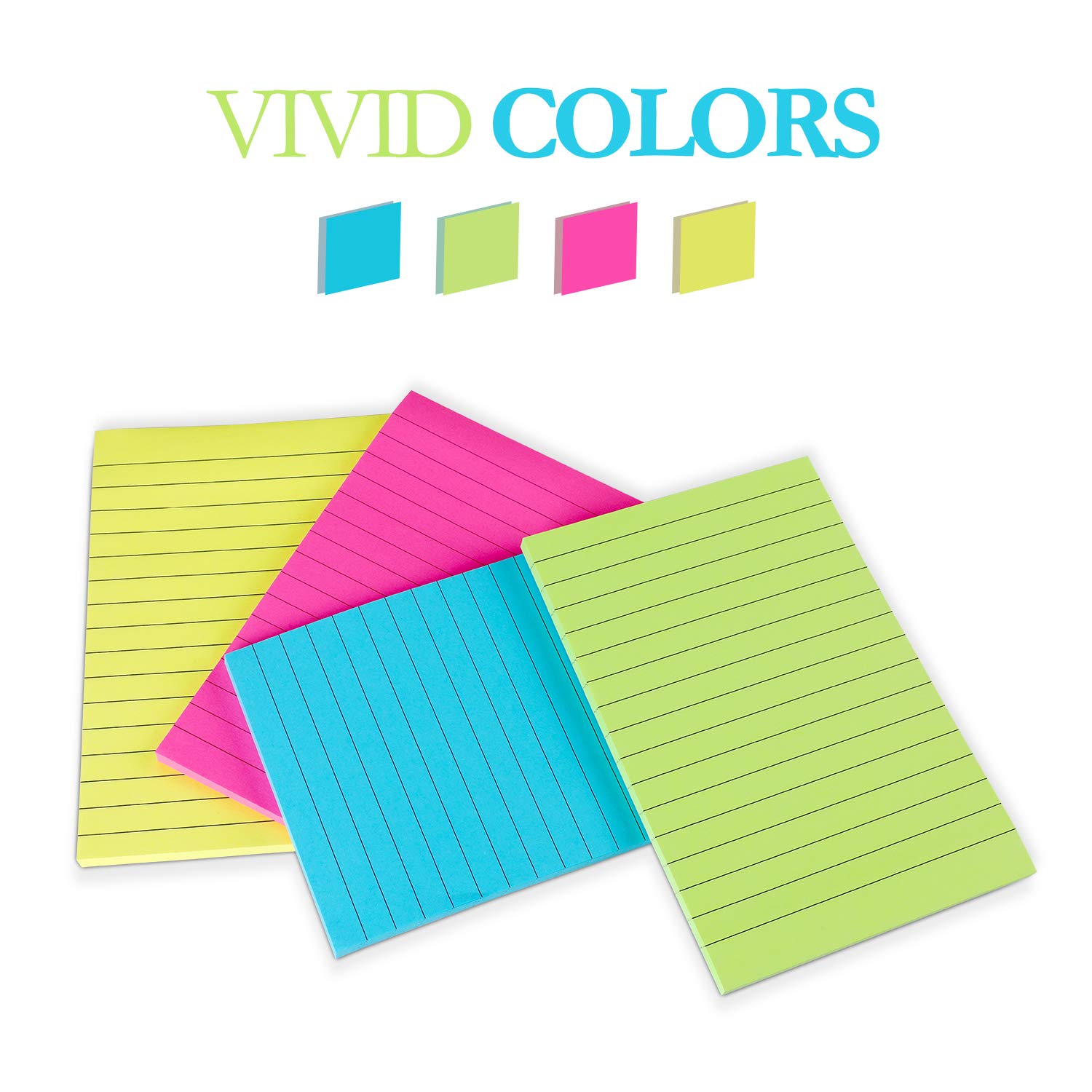 Sticky Notes, 4 Colors 200 Sheets Lined Post Memos, 4" x 6" Removable Self Stick Notes Pad with Lines for Office, Home, & School, Pink, Yellow, Baby Blue & Grass Green (Pack of 4)