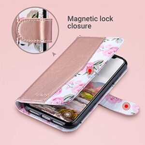 ULAK Compatible with iPhone XR Wallet Case for Women, Premium PU Leather Folio Flip Case with Card Holders Kickstand Wrist Strap, Shockproof Protective Phone Cover for iPhone XR 6.1 inch, Rose Gold