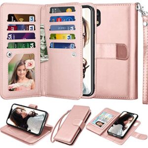 njjex wallet case for iphone xr, for iphone xr case, pu leather [9 card slots] id credit holder folio flip cover [detachable][kickstand] magnetic phone case & lanyard for iphone xr 6.1" [rose gold]