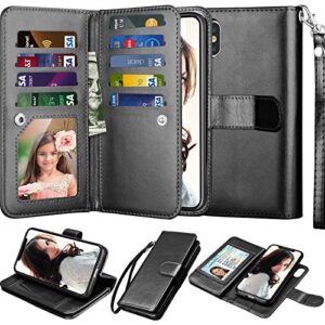 njjex wallet case for iphone xs max, for iphone xs max case, pu leather [9 card slots] id credit folio flip [detachable][kickstand] magnetic phone cover & lanyard for iphone xs max 6.5" 2018 [black]