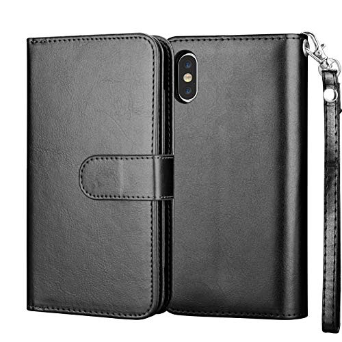 NJJEX Wallet Case for iPhone Xs Max, for iPhone Xs MAX Case, PU Leather [9 Card Slots] ID Credit Folio Flip [Detachable][Kickstand] Magnetic Phone Cover & Lanyard for iPhone Xs Max 6.5" 2018 [Black]