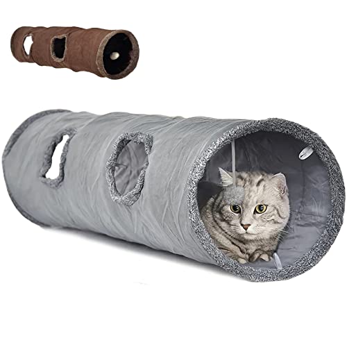 LeerKing Extra Long Cat Tunnel 51"(L) Dia 12" for Large Fat Cat Crinkle Tube connectable Indoor Outdoor Hideaway Toy for Rabbit Puppy, Grey