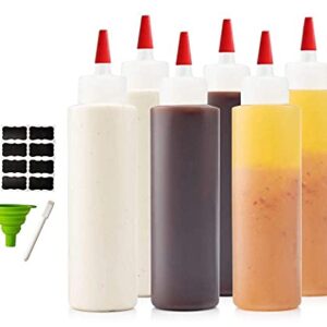 6-pack Premium Plastic Condiment Squeeze Squirt Bottles for Sauces, Paint,Oil, Condiments,Salad Dressings, Arts and Crafts - Food Grade-Includes Funnel, Erasable Marker and Reusable Labels (16 oz)