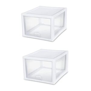 sterilite 27 quart white frame clear plastic stackable storage container bin w/single drawer for craft, pantry, sink, & desktop organization, 2 pack