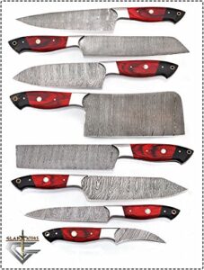 gladiatorsguild g16red- professional kitchen knives custom made damascus steel pcs of professional utility chef kitchen knife set with chopper/cleaver black horn (at end) (8, red)