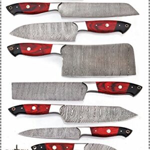 GladiatorsGuild G16Red- Professional Kitchen Knives Custom Made Damascus Steel pcs of Professional Utility Chef Kitchen Knife Set with Chopper/Cleaver Black Horn (at end) (8, Red)