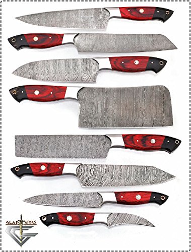 GladiatorsGuild G16Red- Professional Kitchen Knives Custom Made Damascus Steel pcs of Professional Utility Chef Kitchen Knife Set with Chopper/Cleaver Black Horn (at end) (8, Red)