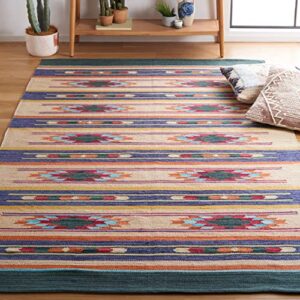 safavieh cotton kilim collection accent rug - 4' x 6', blue & ivory, handmade southwestern boho tribal cotton, ideal for high traffic areas in entryway, living room, bedroom (klc301m)