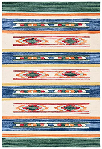 SAFAVIEH Cotton Kilim Collection Accent Rug - 4' x 6', Blue & Ivory, Handmade Southwestern Boho Tribal Cotton, Ideal for High Traffic Areas in Entryway, Living Room, Bedroom (KLC301M)