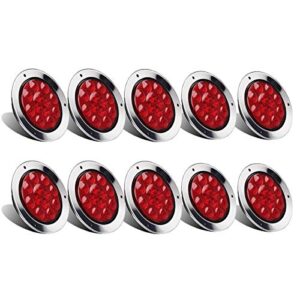 partsam 10pcs red 4" inch round led trailer tail lights 12led flange mount stainless steel chrome bezel waterproof stop turn tail brake lights replacement for trucks rv 12v