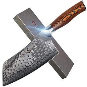 tuo cutlery cleaver knife - japanese aus-10 damascus steel hammered finish - chinese chef's knife for meat and vegetable with ergonomic pakkawood handle - 7" - fiery phoenix series
