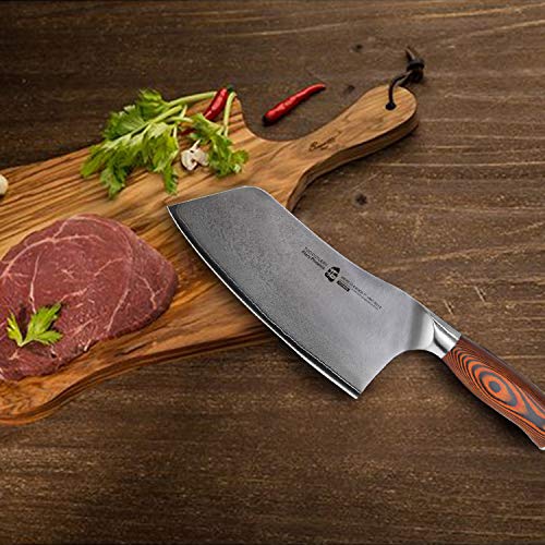 TUO Cutlery Cleaver Knife - Japanese AUS-10 67-Layers Damascus Steel - Chinese Chef's Knife for Meat and Vegetable with Ergonomic Pakkawood Handle - 7" - Fiery Series