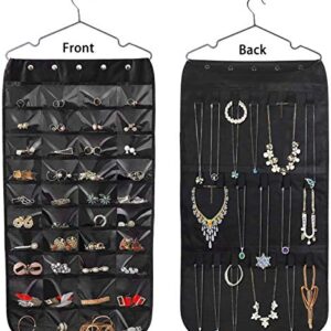 Hanging Jewelry Organizer, Double Sided 40 Pockets and 20 Magic Tape Hook Jewelry Organizer, Necklace Holder Jewelry Chain Organizer for Earrings Necklace Bracelet Ring with Hanger, Black