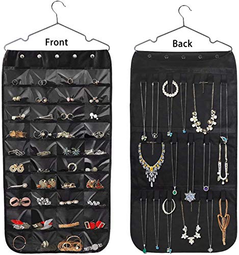 Hanging Jewelry Organizer, Double Sided 40 Pockets and 20 Magic Tape Hook Jewelry Organizer, Necklace Holder Jewelry Chain Organizer for Earrings Necklace Bracelet Ring with Hanger, Black