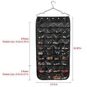 Hanging Jewelry Organizer, Double Sided 40 Pockets and 20 Magic Tape Hook Jewelry Organizer, Necklace Holder Jewelry Chain Organizer for Earrings Necklace Bracelet Ring with Hanger, Black