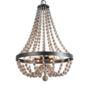 LALUZ Farmhouse Chandelier, Boho Light Fixture for Dining Room, Bedroom, Handmade Wood Beads, 6-Light, 28.3" H x 20.1" W