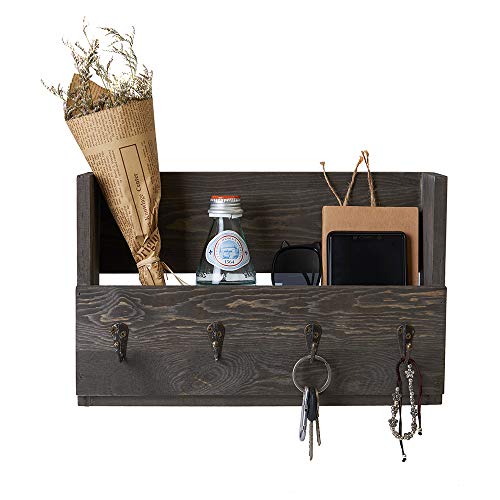 Distressed Rustic Gray Pine Wood Wall Mounted Mail Sorter Organizer with 4 Key Hooks Rack Hanger, Letter and Key Holder Organizer for Entryway, Kitchen, Hallway, Foyer-Wall Mount