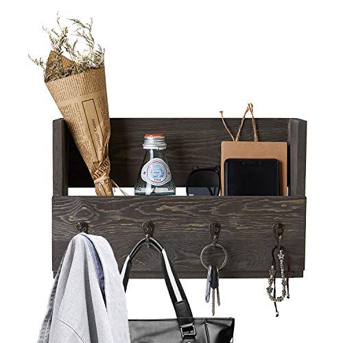 Distressed Rustic Gray Pine Wood Wall Mounted Mail Sorter Organizer with 4 Key Hooks Rack Hanger, Letter and Key Holder Organizer for Entryway, Kitchen, Hallway, Foyer-Wall Mount