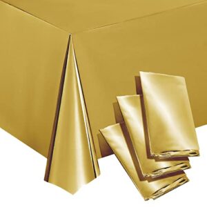 juvale 3 pack gold plastic tablecloths for rectangle tables, disposable table covers for wedding, birthday, baby shower (54 x 108 in)