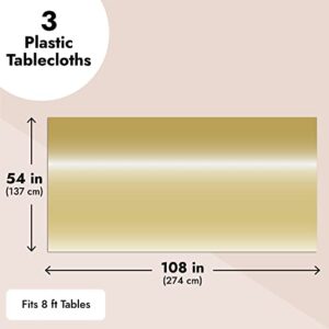 Juvale 3 Pack Gold Plastic Tablecloths for Rectangle Tables, Disposable Table Covers for Wedding, Birthday, Baby Shower (54 x 108 in)