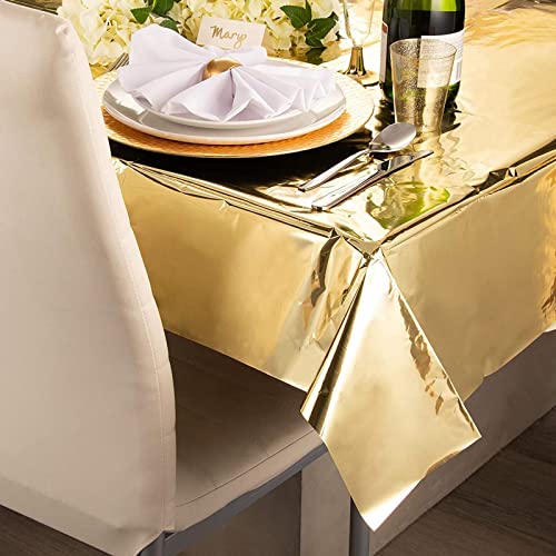 Juvale 3 Pack Gold Plastic Tablecloths for Rectangle Tables, Disposable Table Covers for Wedding, Birthday, Baby Shower (54 x 108 in)