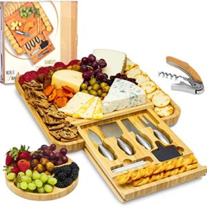 Morvat Bamboo Wood Cheese & Cracker Board Set, Charcuterie Cutting Tray, Serving Gift for Wedding Housewarming Birthday & Holidays, Includes Round Platter & Fully Stainless Steel Cutlery & Corkscrew