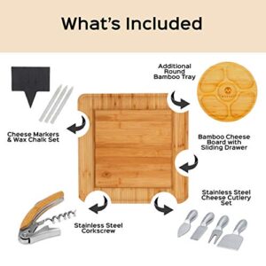 Morvat Bamboo Wood Cheese & Cracker Board Set, Charcuterie Cutting Tray, Serving Gift for Wedding Housewarming Birthday & Holidays, Includes Round Platter & Fully Stainless Steel Cutlery & Corkscrew