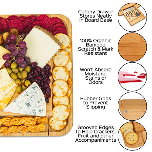 Morvat Bamboo Wood Cheese & Cracker Board Set, Charcuterie Cutting Tray, Serving Gift for Wedding Housewarming Birthday & Holidays, Includes Round Platter & Fully Stainless Steel Cutlery & Corkscrew