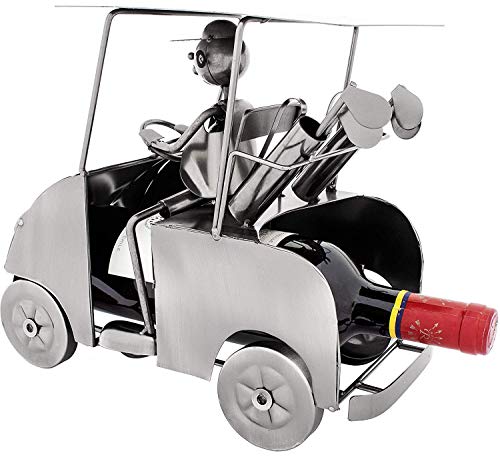 BRUBAKER Wine Bottle Holder 'Golfer in Golf Cart' - Table Top Metal Sculpture - with Greeting Card