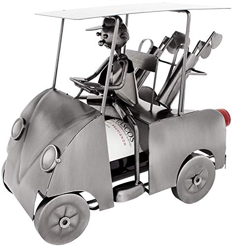 BRUBAKER Wine Bottle Holder 'Golfer in Golf Cart' - Table Top Metal Sculpture - with Greeting Card