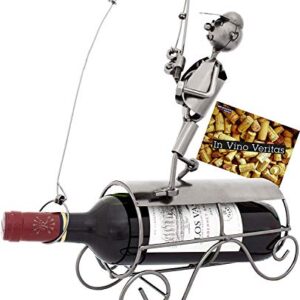 BRUBAKER Wine Bottle Holder 'Fisherman Catching Fish' - Table Top Metal Sculpture - with Greeting Card