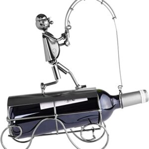 BRUBAKER Wine Bottle Holder 'Fisherman Catching Fish' - Table Top Metal Sculpture - with Greeting Card