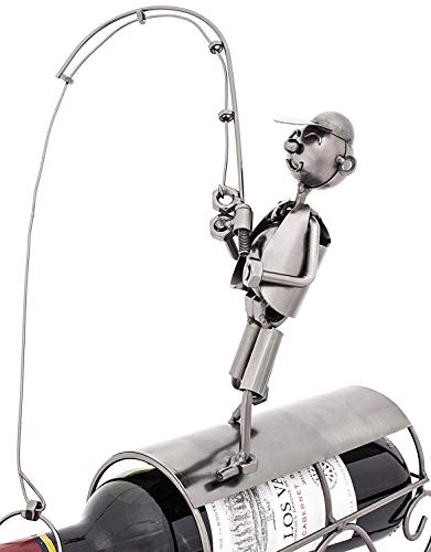 BRUBAKER Wine Bottle Holder 'Fisherman Catching Fish' - Table Top Metal Sculpture - with Greeting Card