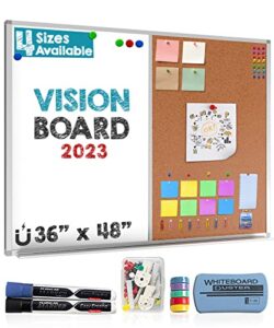 vision board 2023: large 36" x 48" white board and cork board combo, magnetic half bulletin corkboard combination for office wall | memo board for notes, dry erase whiteboard | markers, eraser, pins