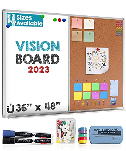 Vision Board 2023: Large 36" x 48" White Board and Cork Board Combo, Magnetic Half Bulletin Corkboard Combination for Office Wall | Memo Board for Notes, Dry Erase Whiteboard | Markers, Eraser, Pins