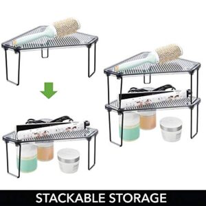 mDesign Plastic/Steel Corner Stackable Rack, Storage Organizer Shelf for Bathroom, Vanity, Countertop, Sink, Cabinet, Holds Makeup, Shower Accessories, Ligne Collection - 2 Pack - Black/Smoke Gray