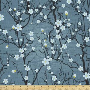 lunarable floral fabric by the yard, sakura tree branches pale japanese cherry blossom spring form, decorative fabric for upholstery and home accents, 1 yard, blue black