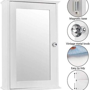 Bonnlo Bathroom Cabinet Wall Mount Mirrored Medicine Cabinet Storage Organizer with Single Door and 2 Adjustable Shelves White