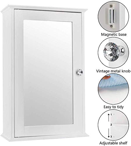 Bonnlo Bathroom Cabinet Wall Mount Mirrored Medicine Cabinet Storage Organizer with Single Door and 2 Adjustable Shelves White