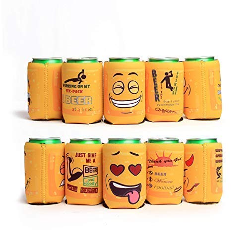 Amazing Drinkers - 10 pack funny quotes & cartoons Extra Thick yellow Neoprene Beer & beverage 12 OZ Can Sleeve Covers - Fully stitched, Trendy & Awesome for Gift or Hosting Item # 10C-YFC